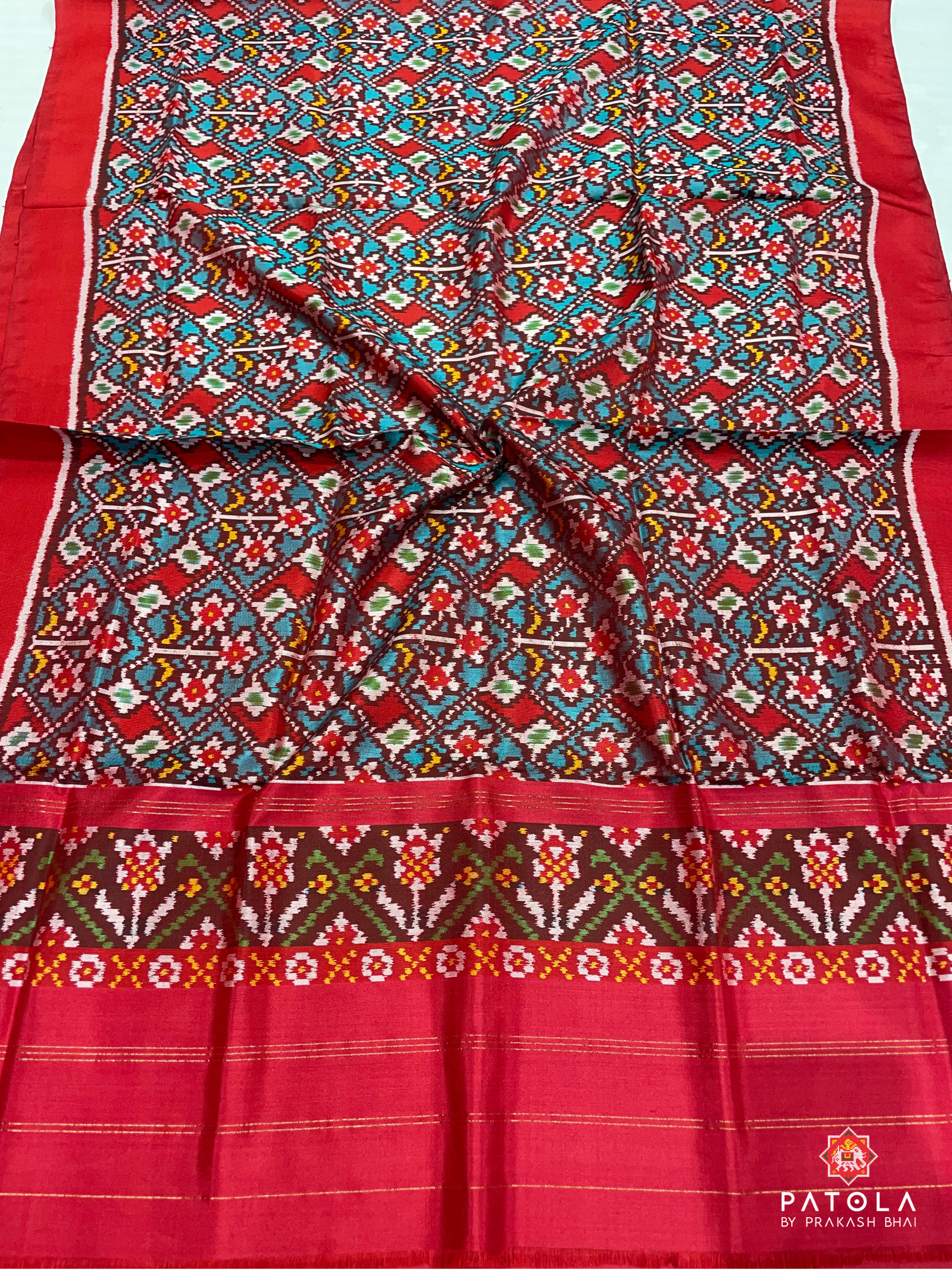 Traditional Flowers Chex Designer Semi Double Ikat Patola Dupatta